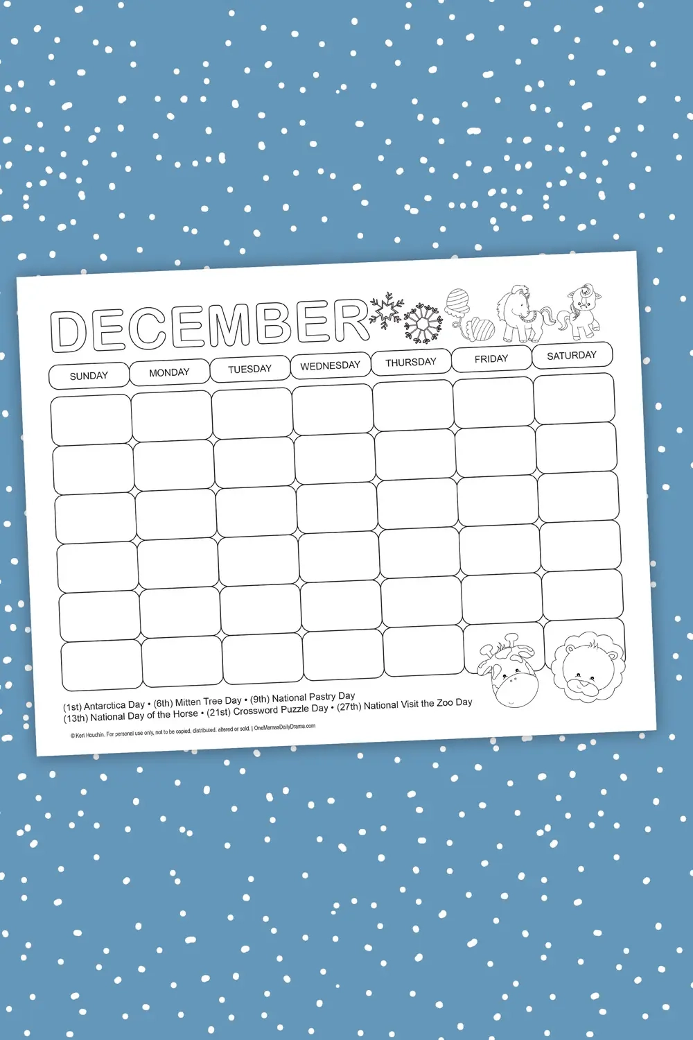 December Holidays Printable Coloring Calendar For Kids