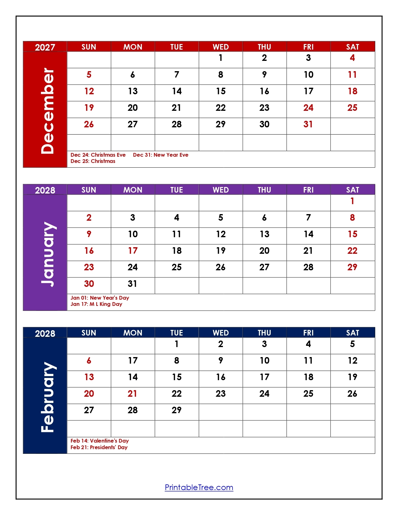 December To February 2028 Calendar Printable PDF Three Months 