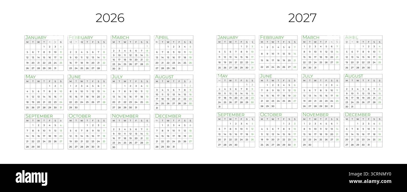 Der Kalender F r Das Jahr 2026 Und 2027 Beginnt Am Sonntag Stock 