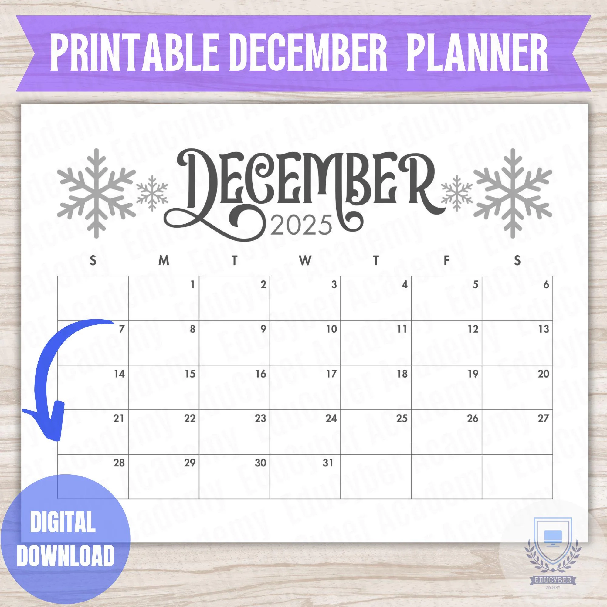 Dezember 2025 Druckbarer Kalender Eleganter Monatsplaner 