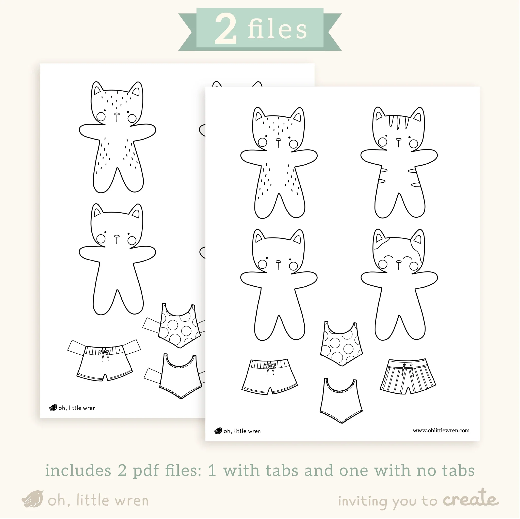 DIGITAL Summer Cats Paper Dolls Color Cut Printable Oh Little 