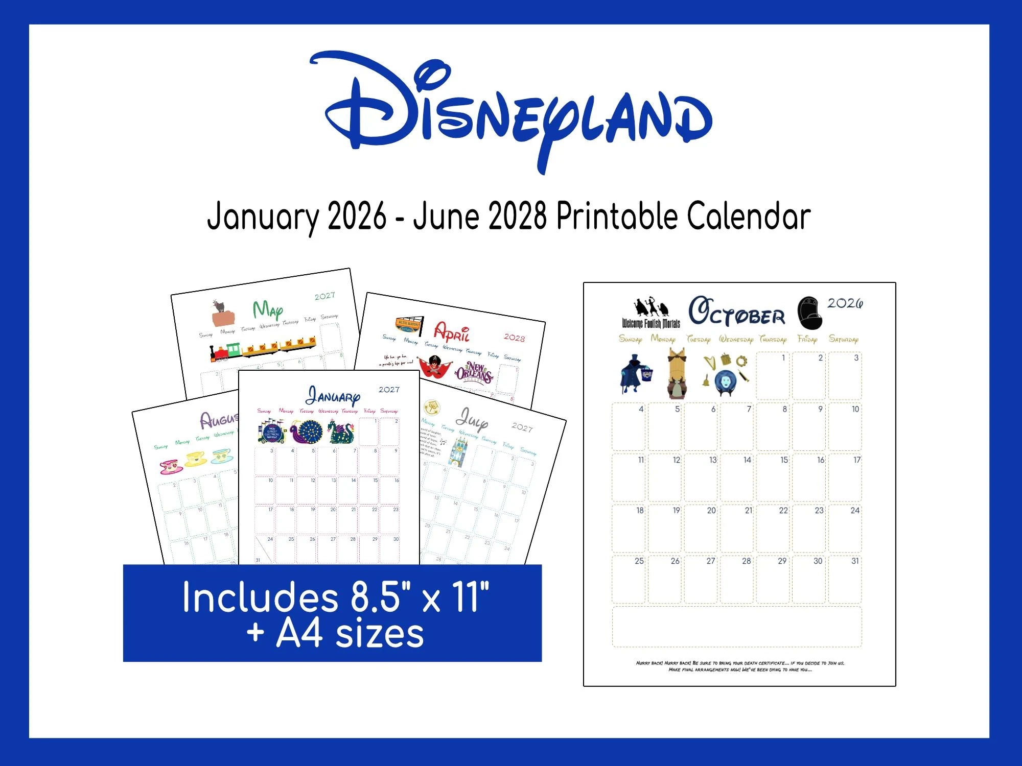 Disneyland Printable Calendar January 2026 June 2028 Instant 