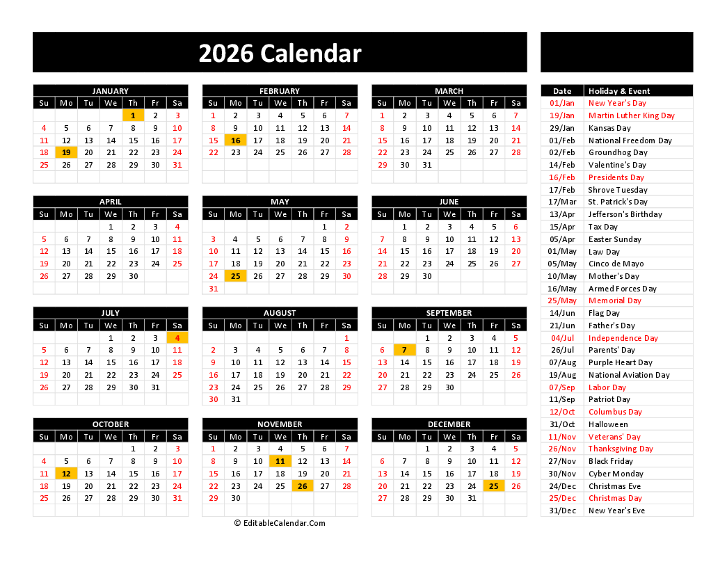 Download 2026 Printable Calendar Free Word Version 