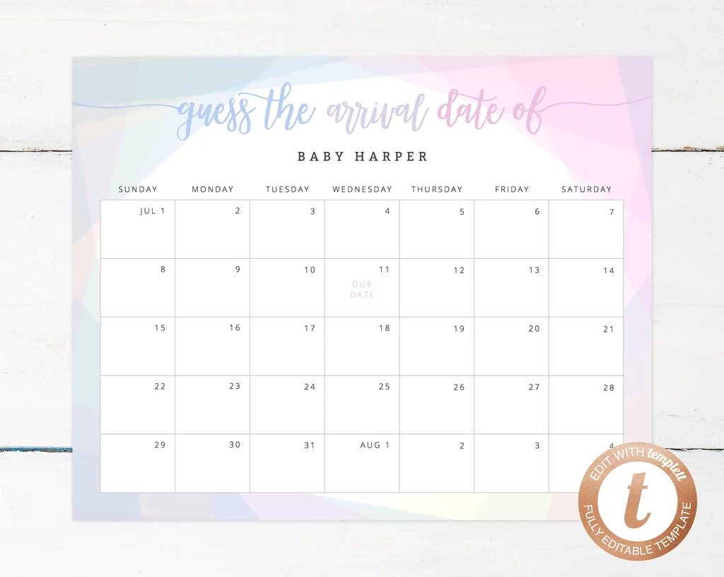 Due Date Calendar Template Baby Shower Calendar Baby Due Date Game Printable Baby Birthday Predictions Guess The Due Date Templett