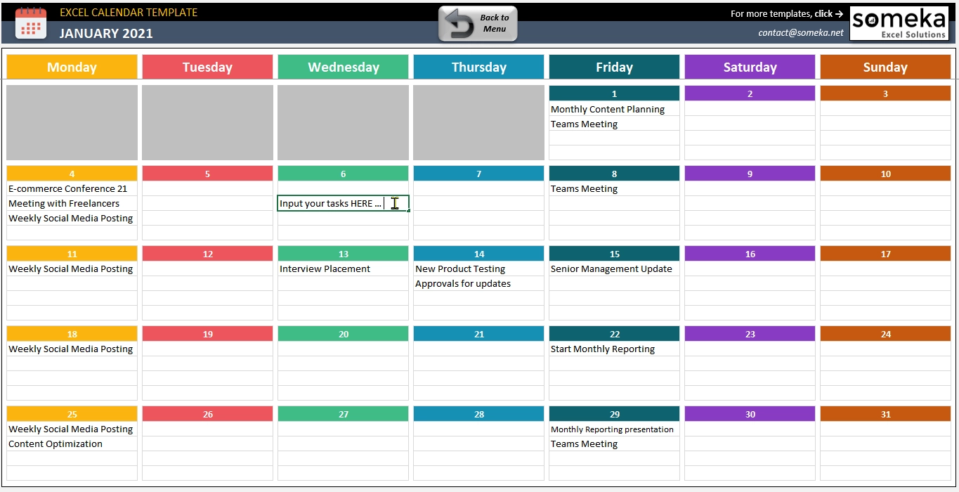 Dynamic Calendar Excel Template Editable 2026 Calendar