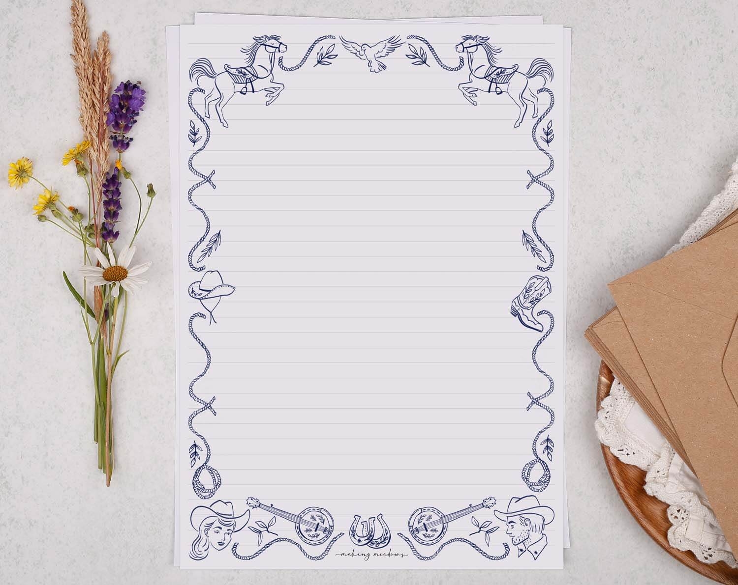 Eco Friendly A4 Writing Paper With A Blue Cowboy Border
