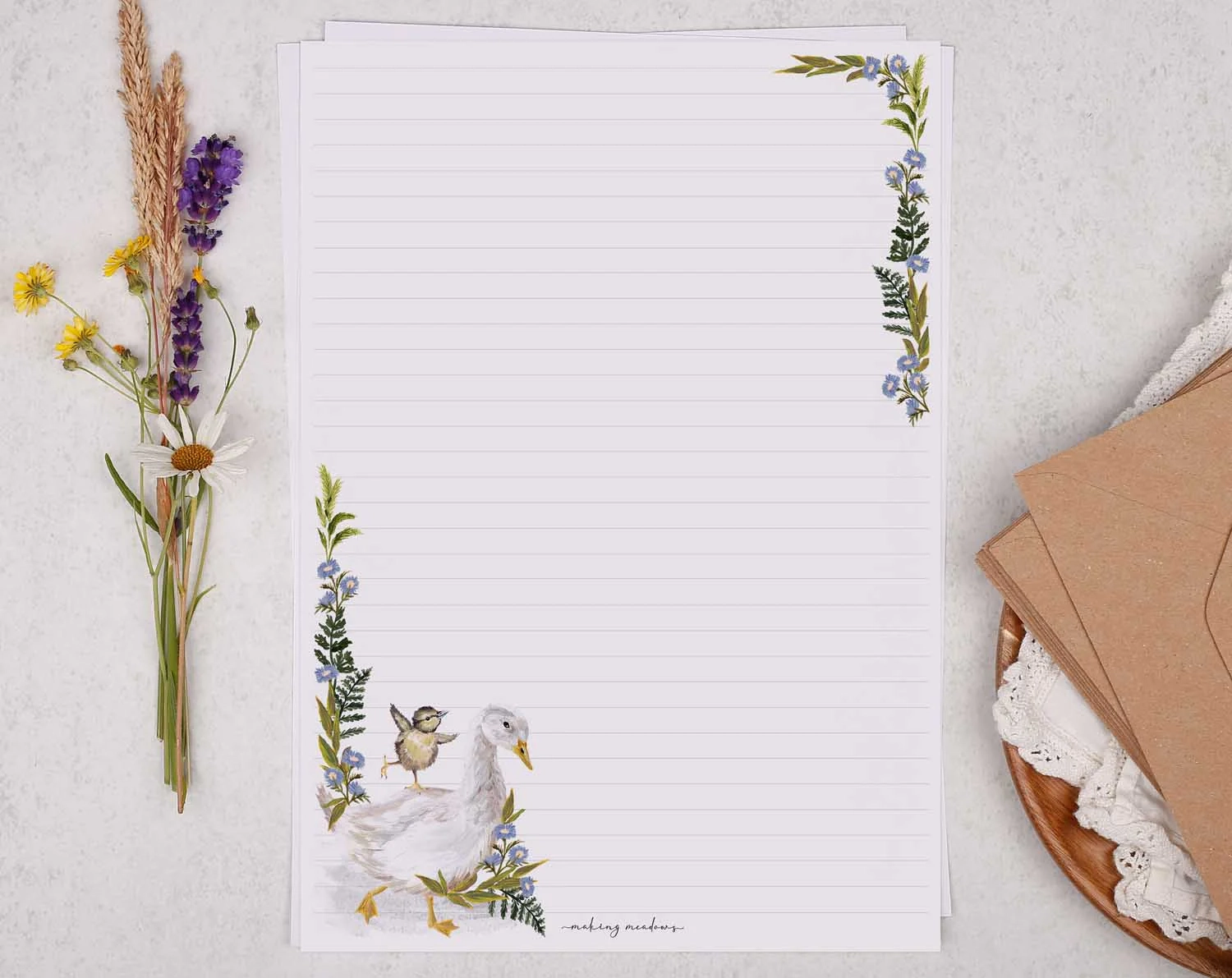 Eco Friendly A4 Writing Paper With Goose And Blue Floral