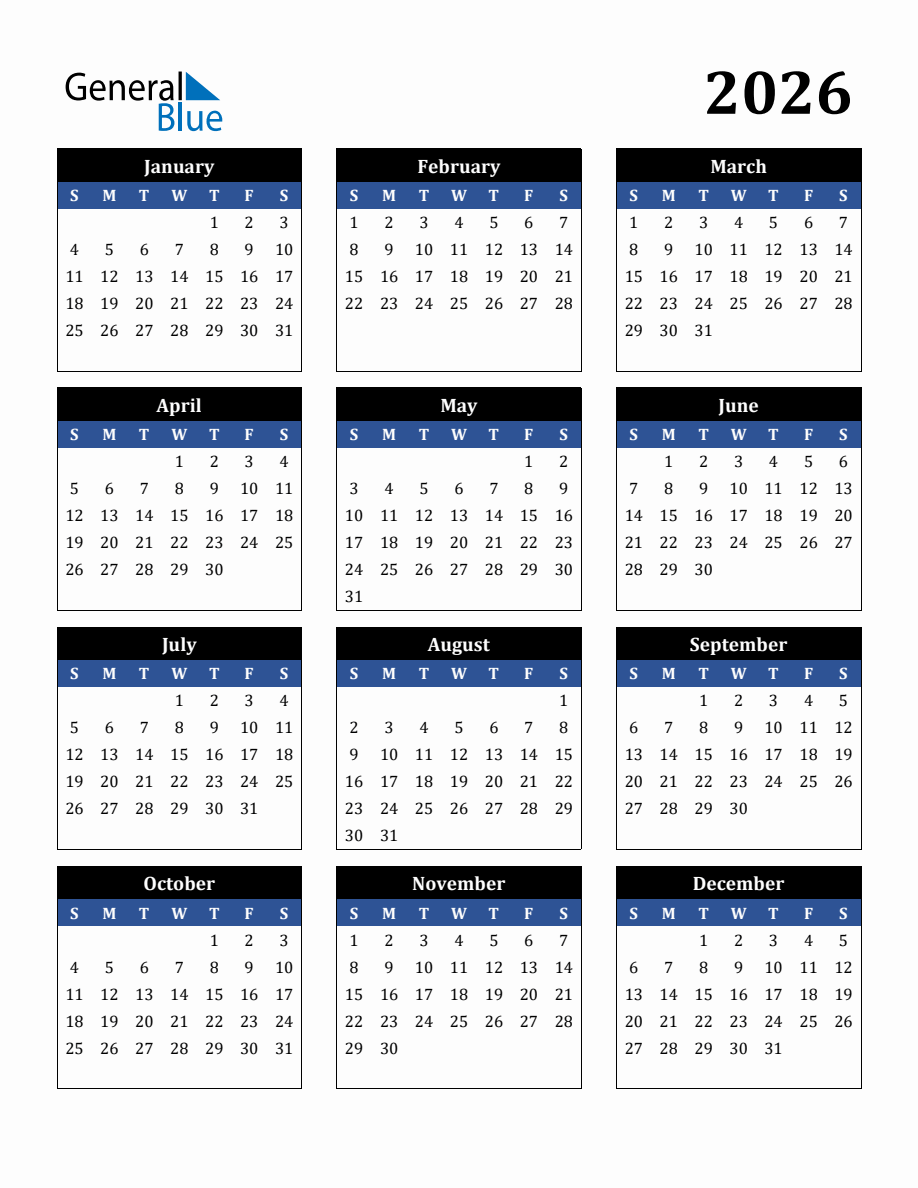 Editable 2026 Calendar