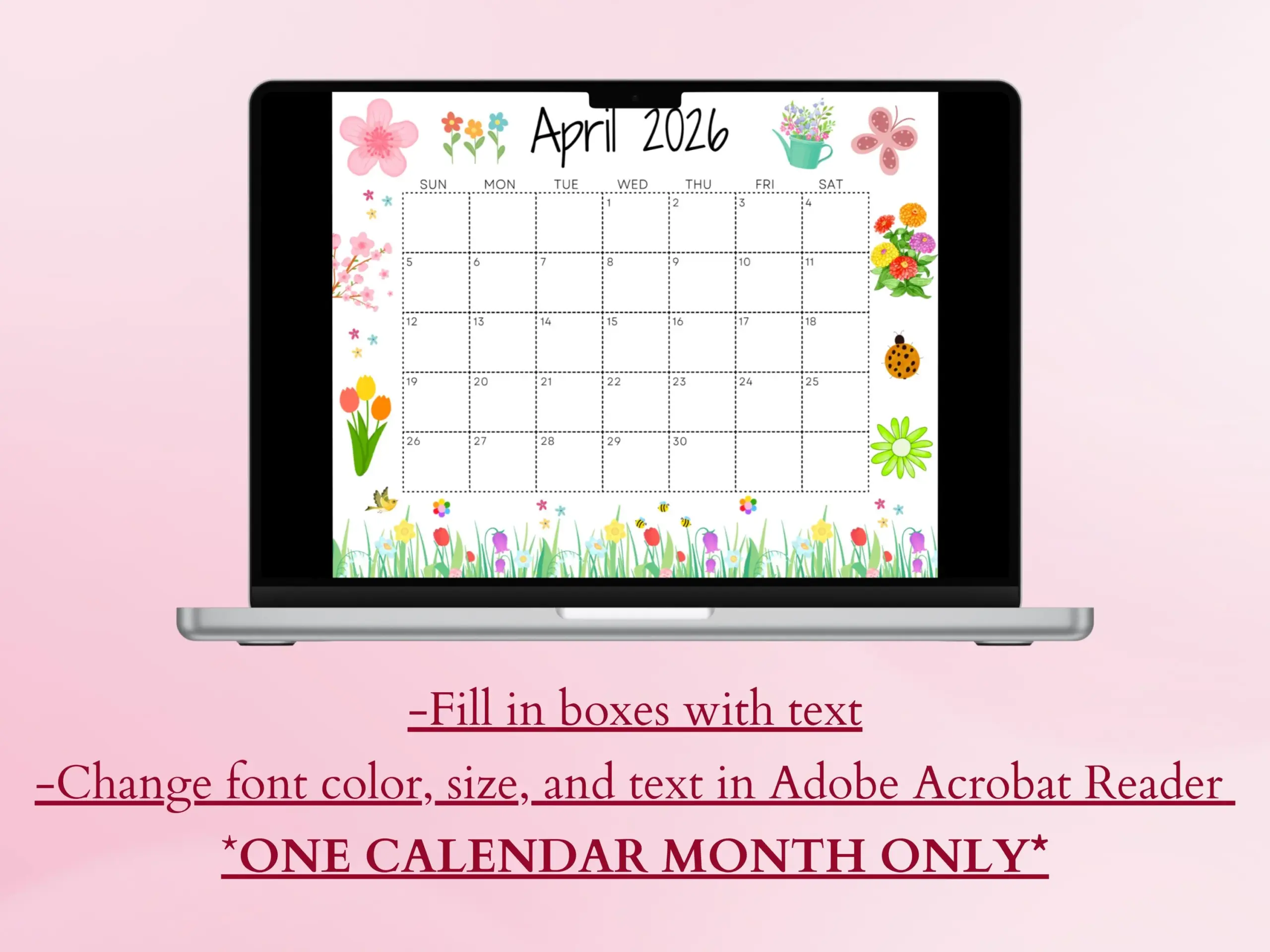 EDITABLE April 2026 Calendar Printable Calendar Cute Spring 