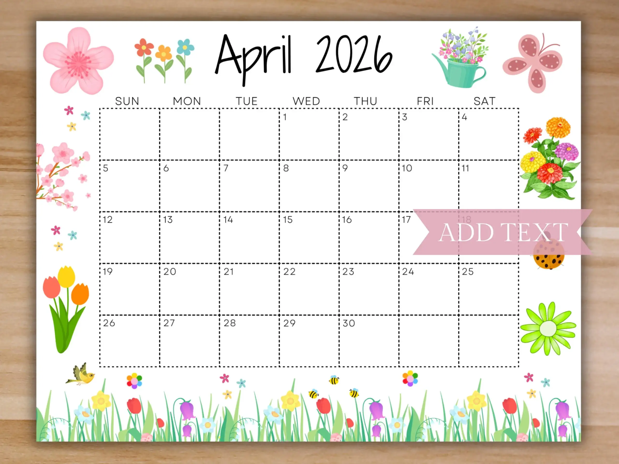 EDITABLE April 2026 Calendar Printable Calendar Cute Spring 