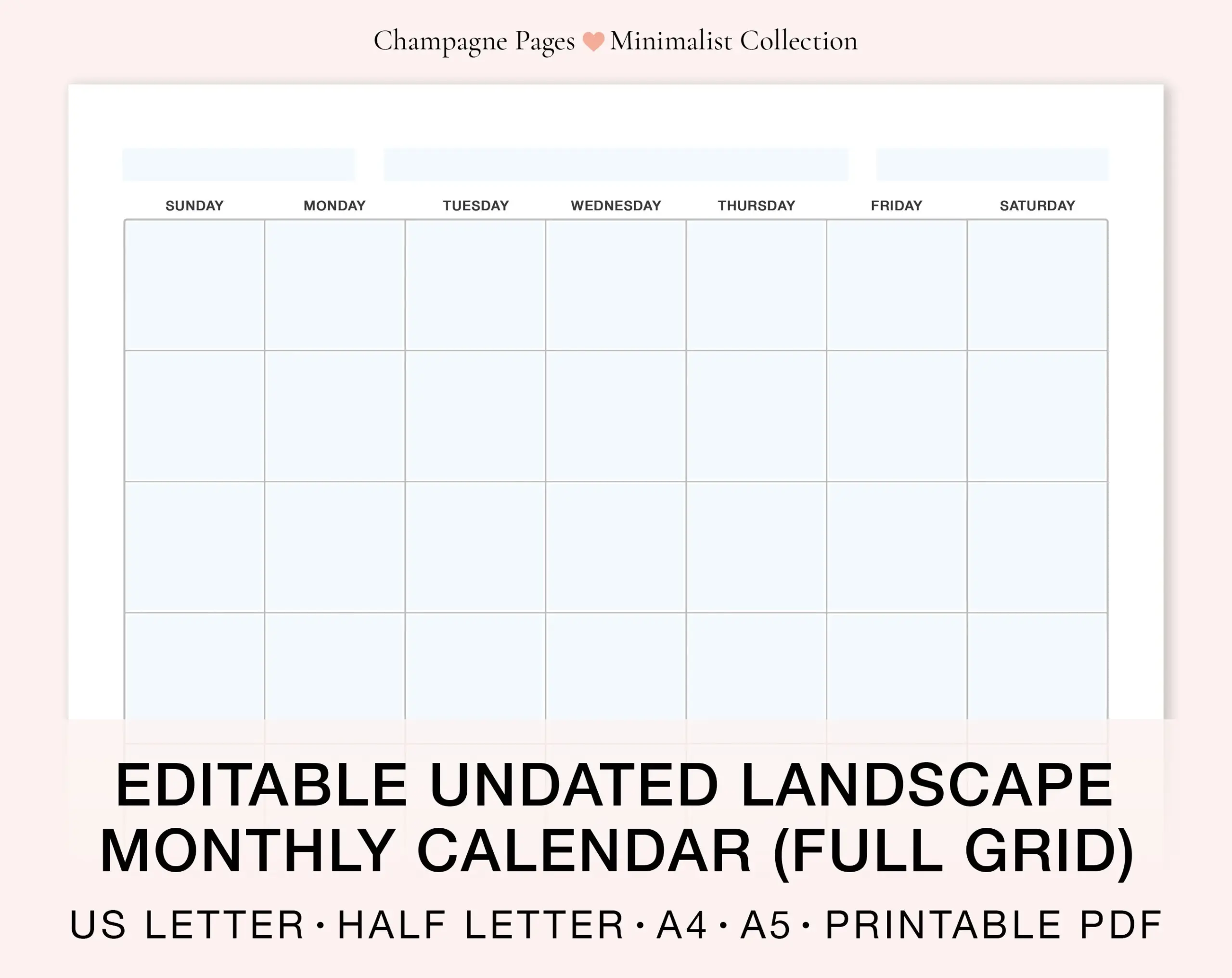 Editable Blank Monthly Calendar Undated Landscape Planner PDF 