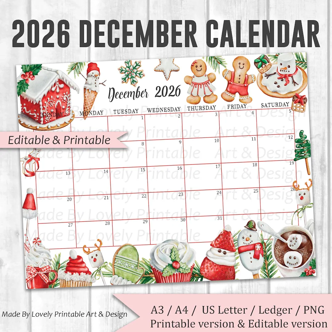 December Calendar 2026 Printable Christmas