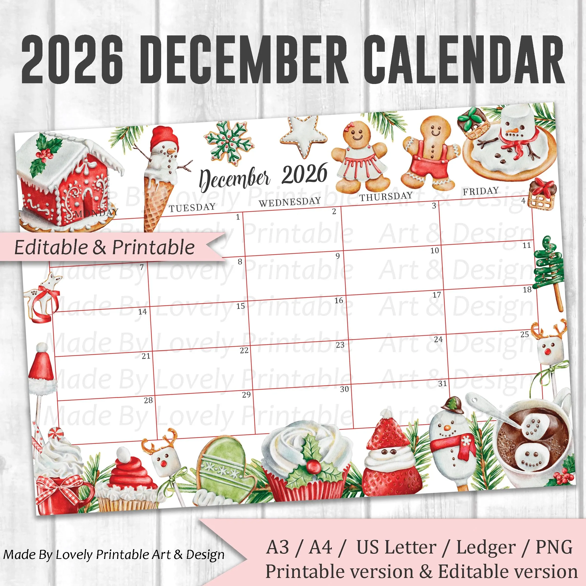 EDITABLE December 2026 Calendar Christmas Sweets amp Drinks mon 