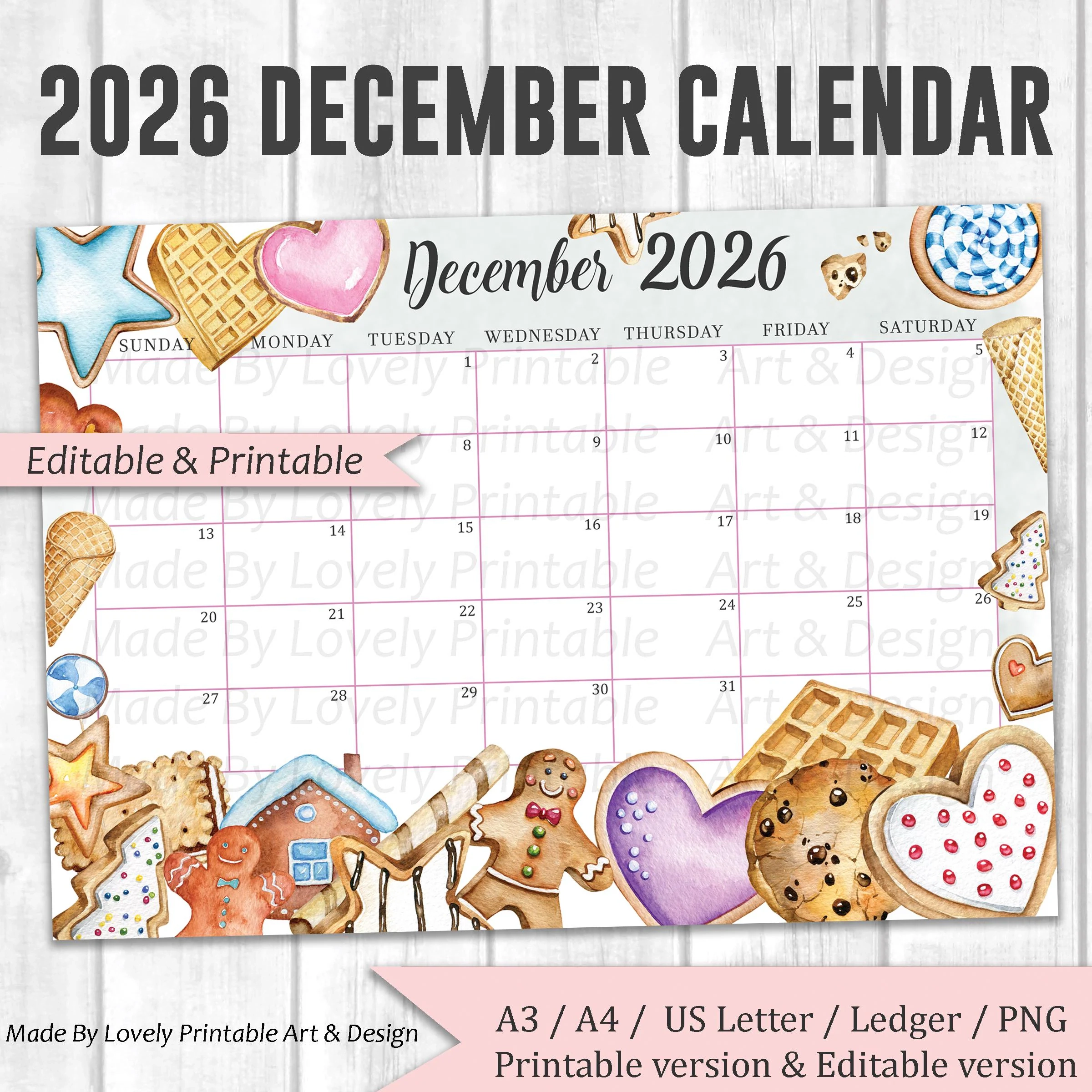 EDITABLE December 2026 Calendar Christmas Sweets amp Drinks 