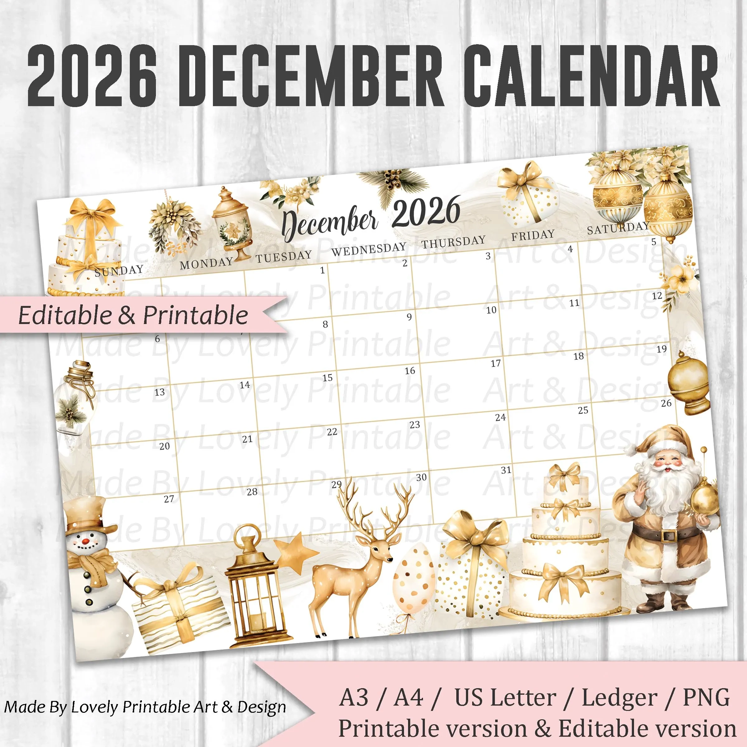 EDITABLE December 2026 Calendar Gold Merry Christmas Printable 