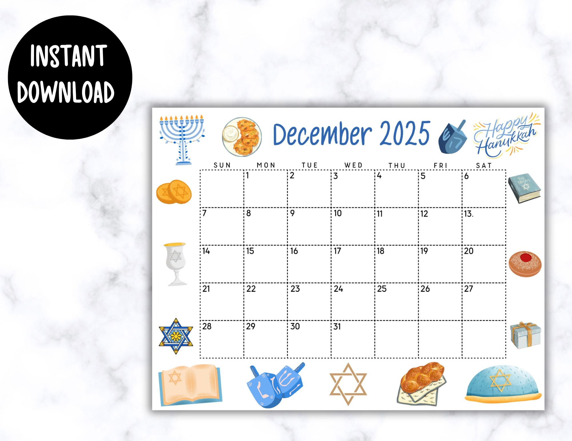 EDITABLE December Calendar 2025 Printable Blue Hanukkah Calendar 