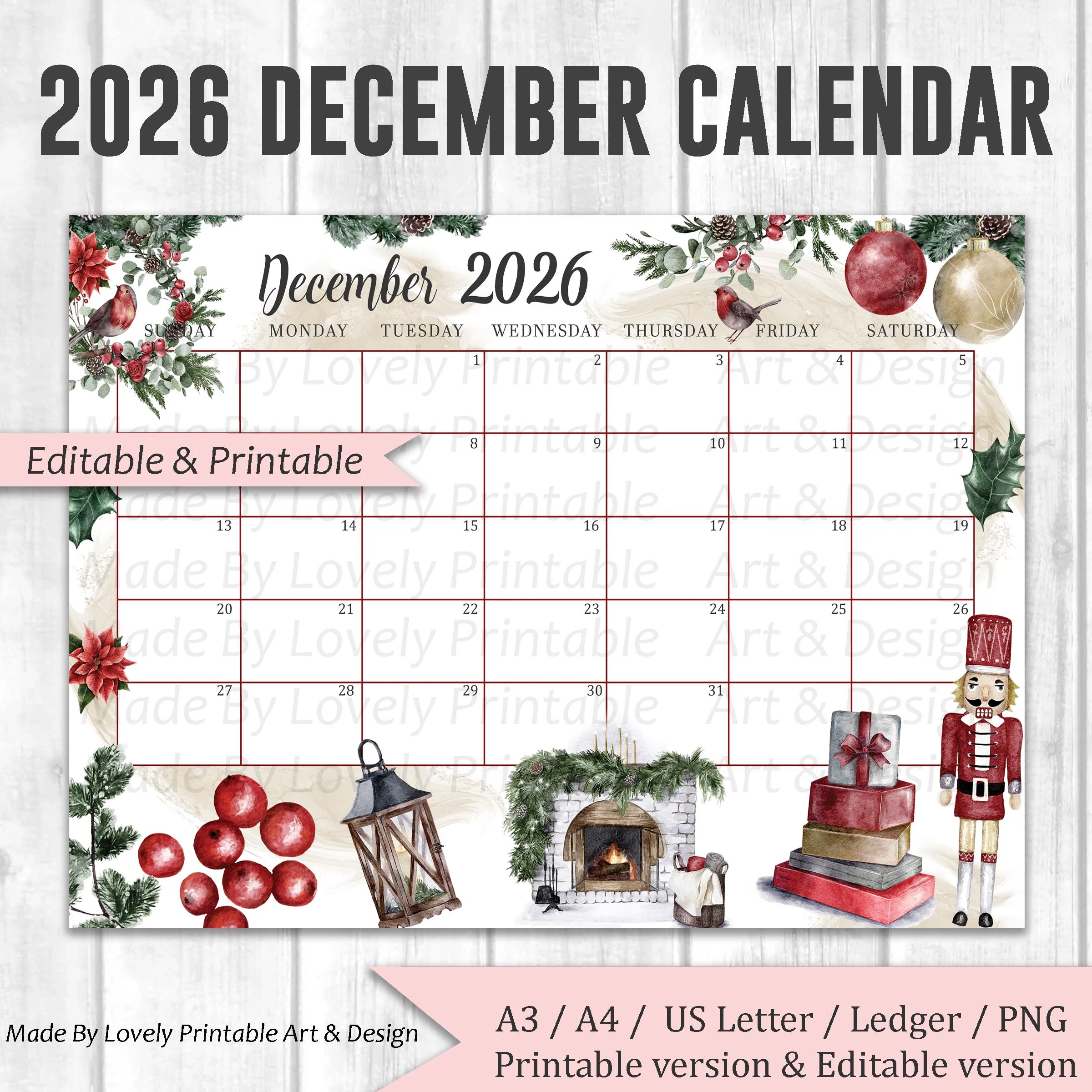 EDITABLE December Calendar Beautiful Christmas Farmhouse 