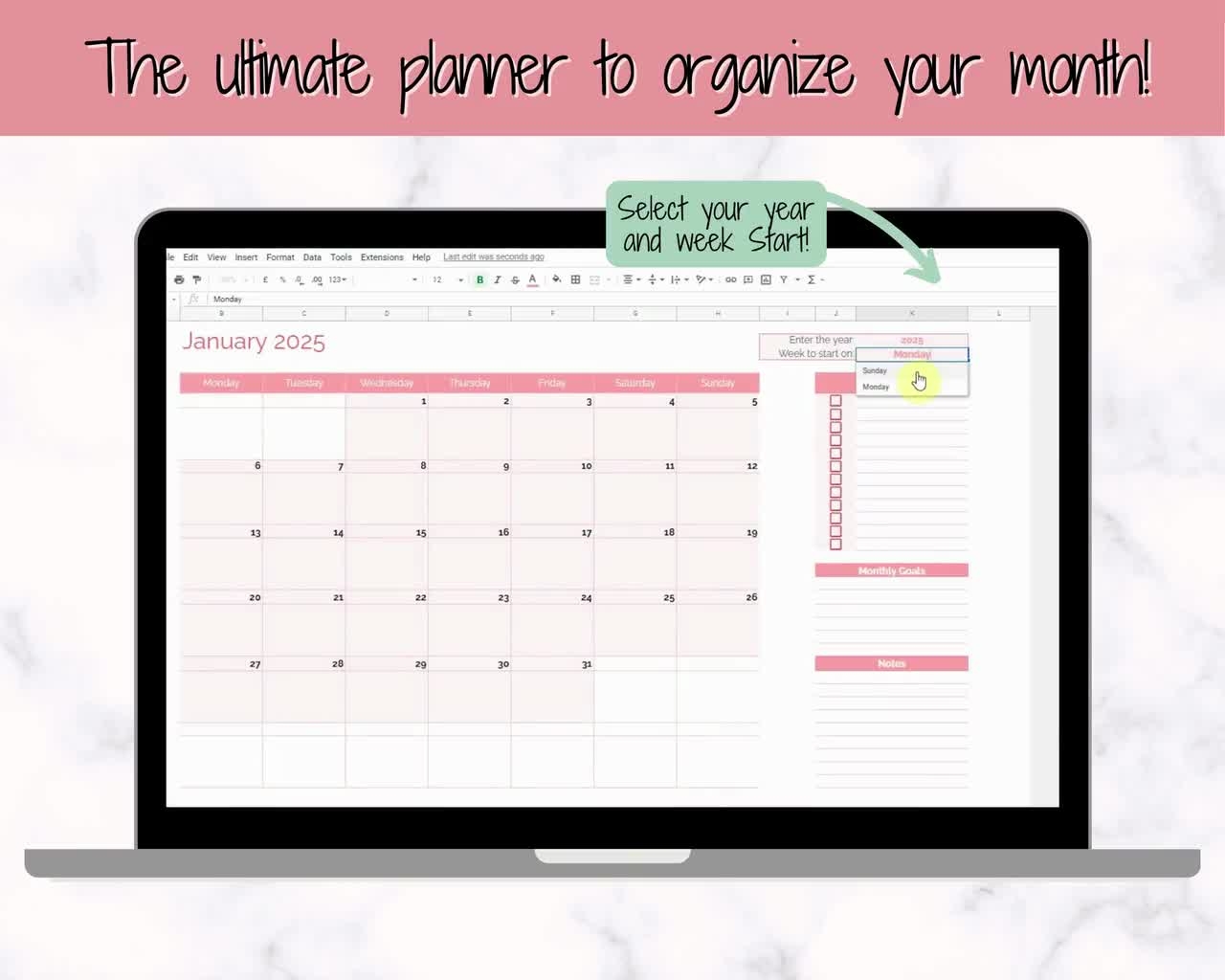 EDITABLE Monthly Calendar Monthly Planner Template Automated Spreadsheet Google Sheets Excel Annual To Do List Undated Schedule