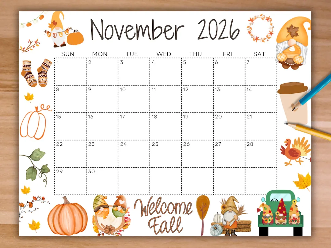 Editable November 2026 Calendar Printable Fall Calendar 2026 