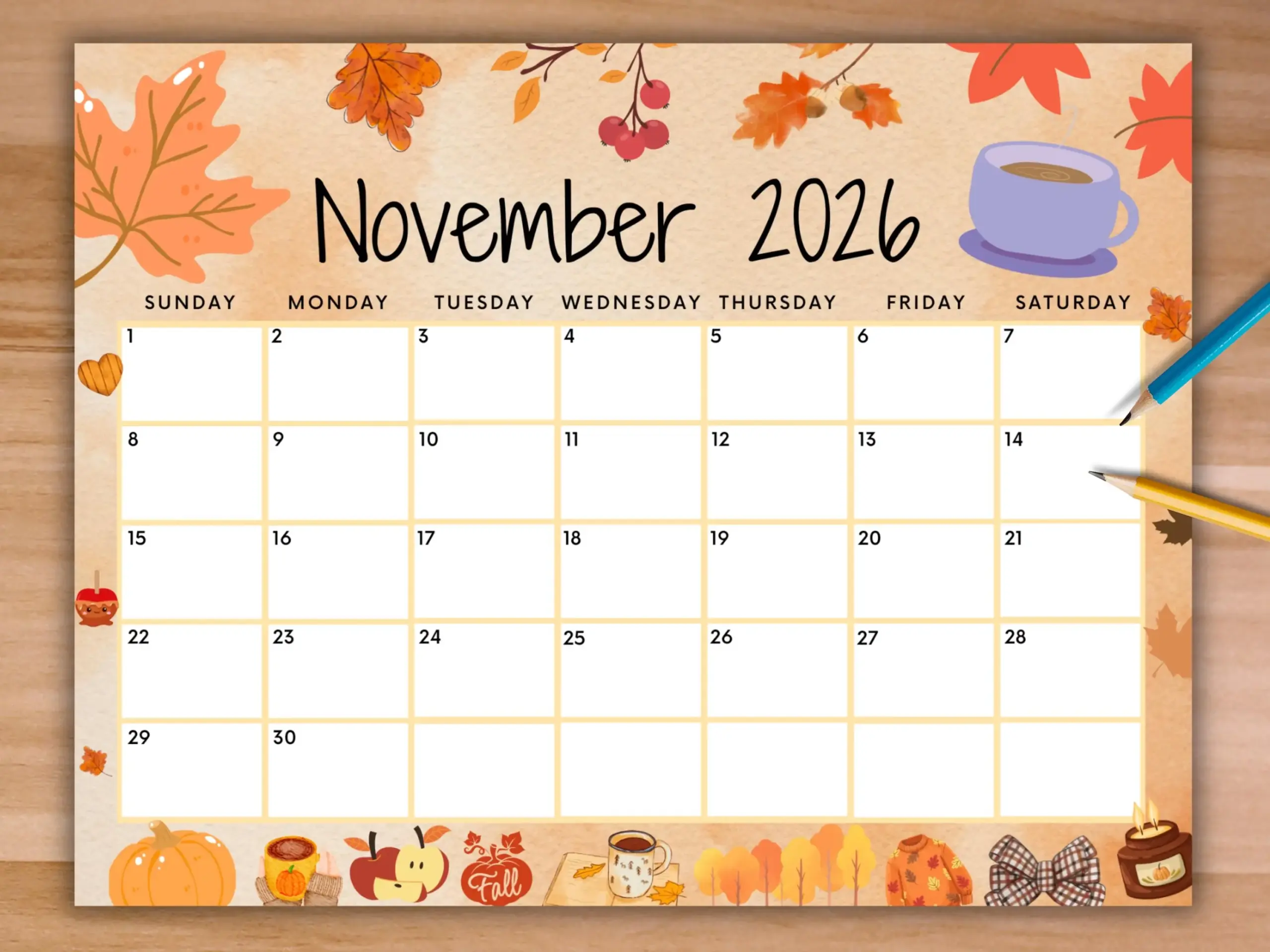 Editable November 2026 Calendar Printable Wall Calendar cozy Fall 
