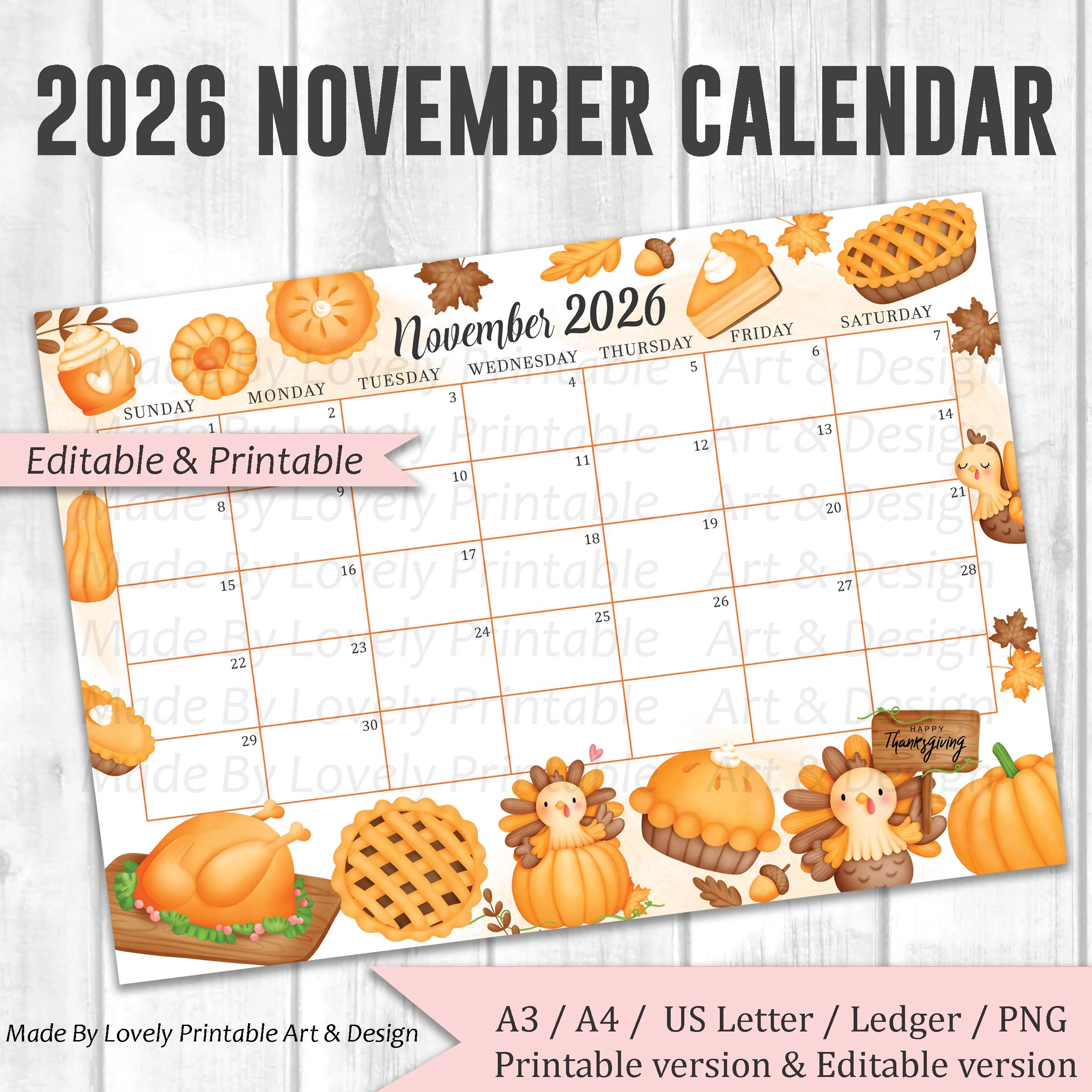 EDITABLE November 2026 Calendar Watercolor Thanksgiving Day Cute 