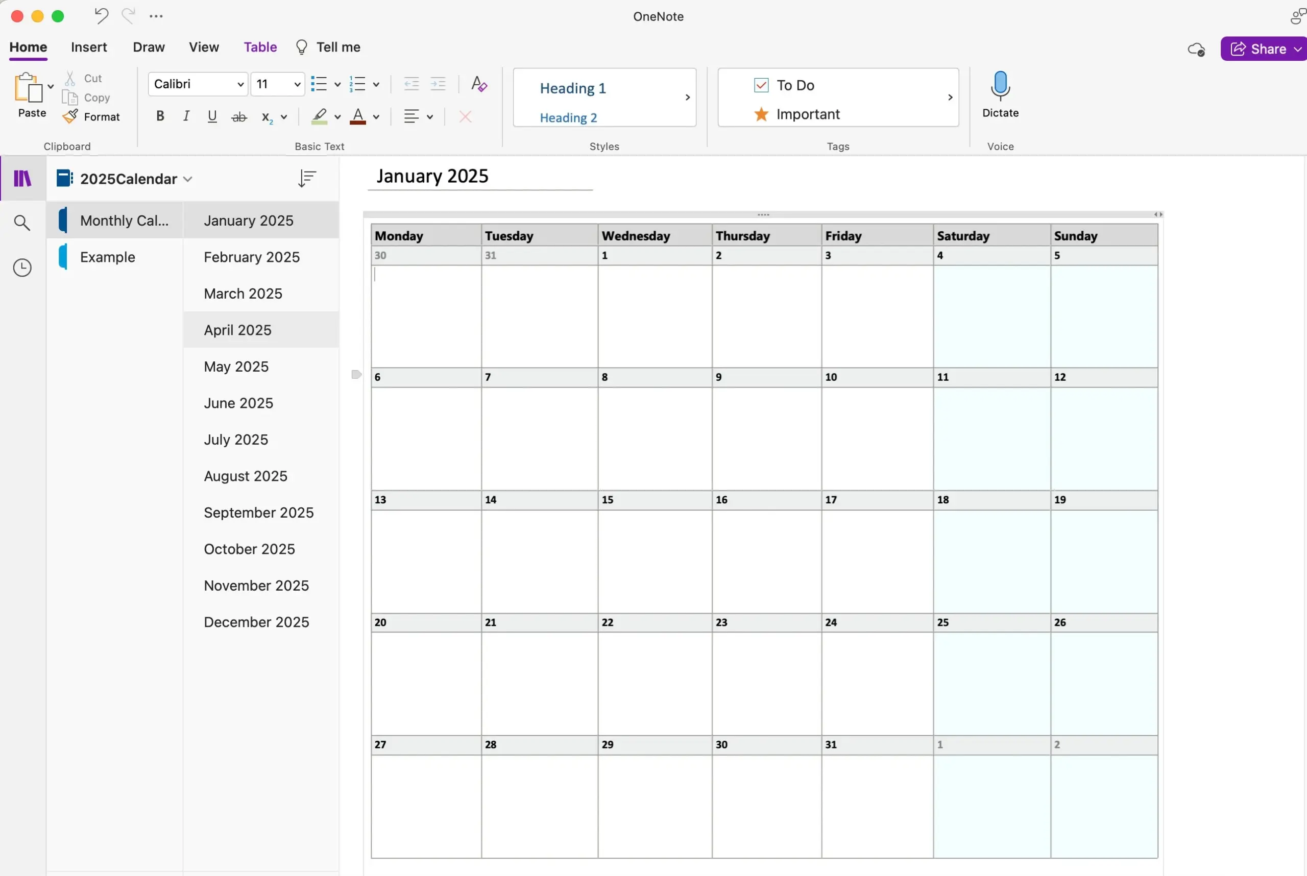 Onenote Calendar Planner