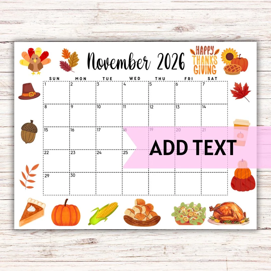 EDITABLE Printable November Calendar 2026 Cute Thanksgiving 