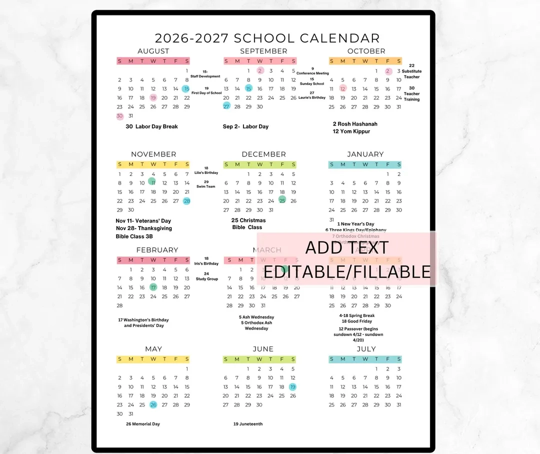 Editable School Year Calendar 2026 2027 School Calendar Printable 