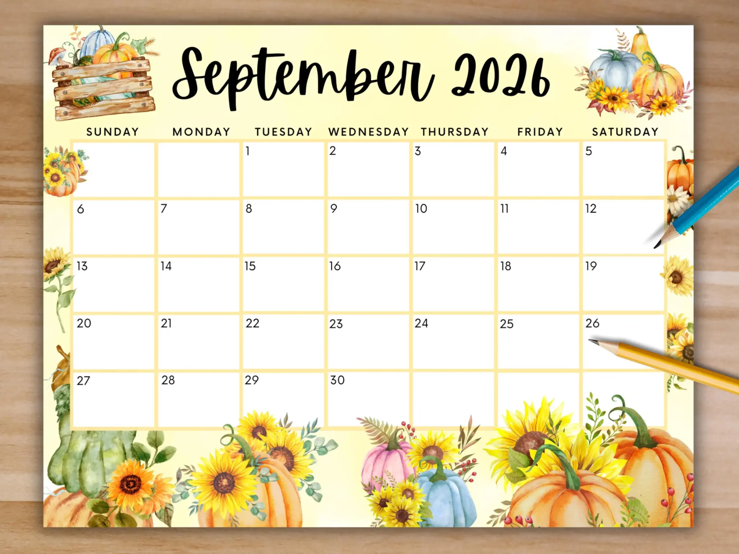 Editable September 2026 Calendar Printable Calendar W Sunflowers 