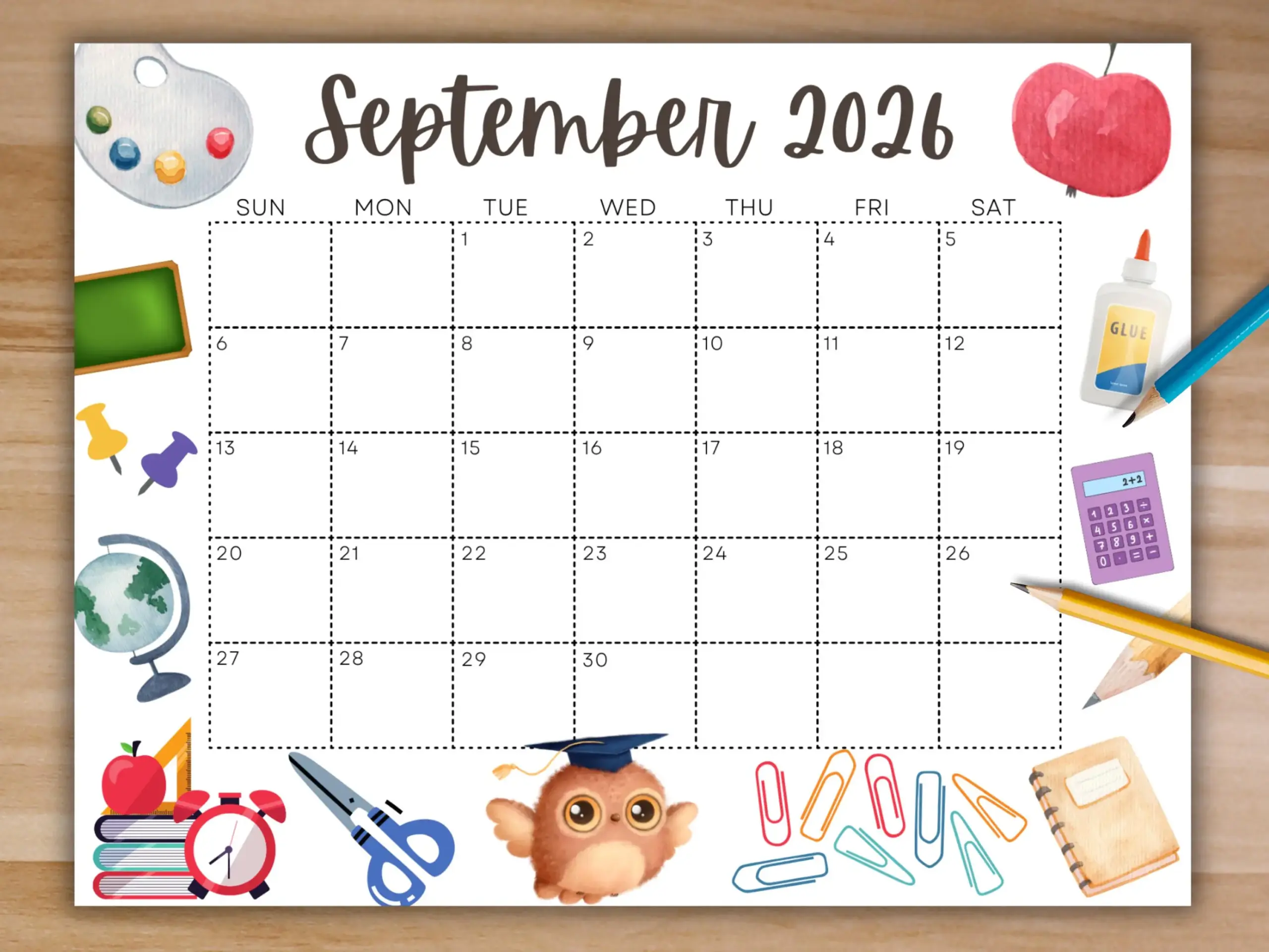 September Blank Calendar 2026 Cute