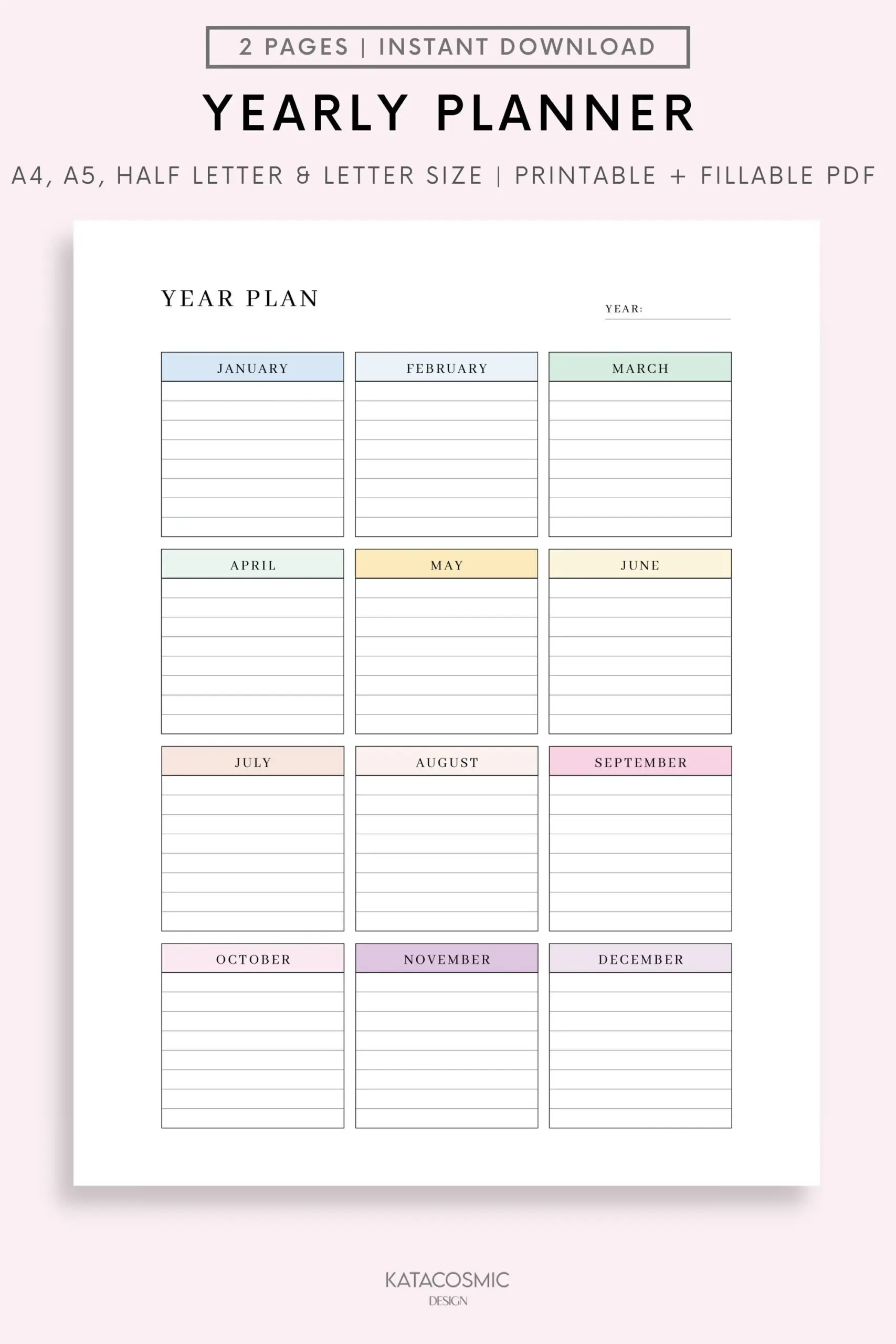 Editable Yearly Planner Printable Yearly Overview On One Page 
