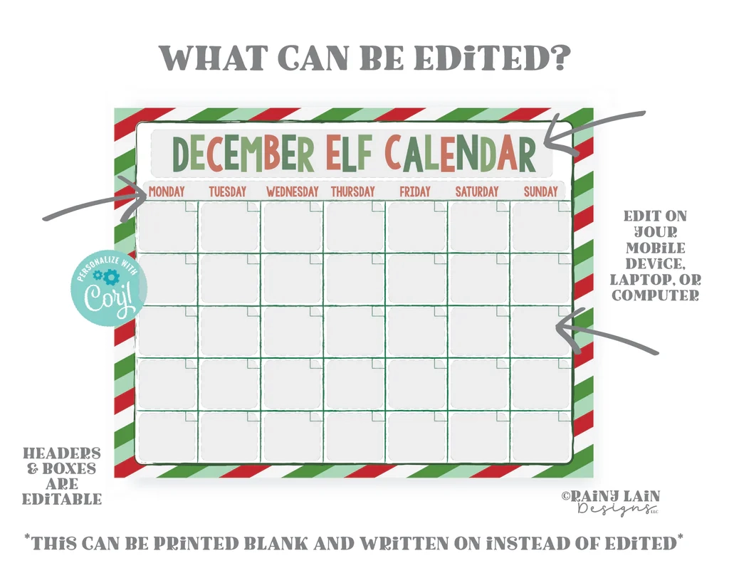 Elf Planning Calendar Printable Elf Calendar Editable Christmas 