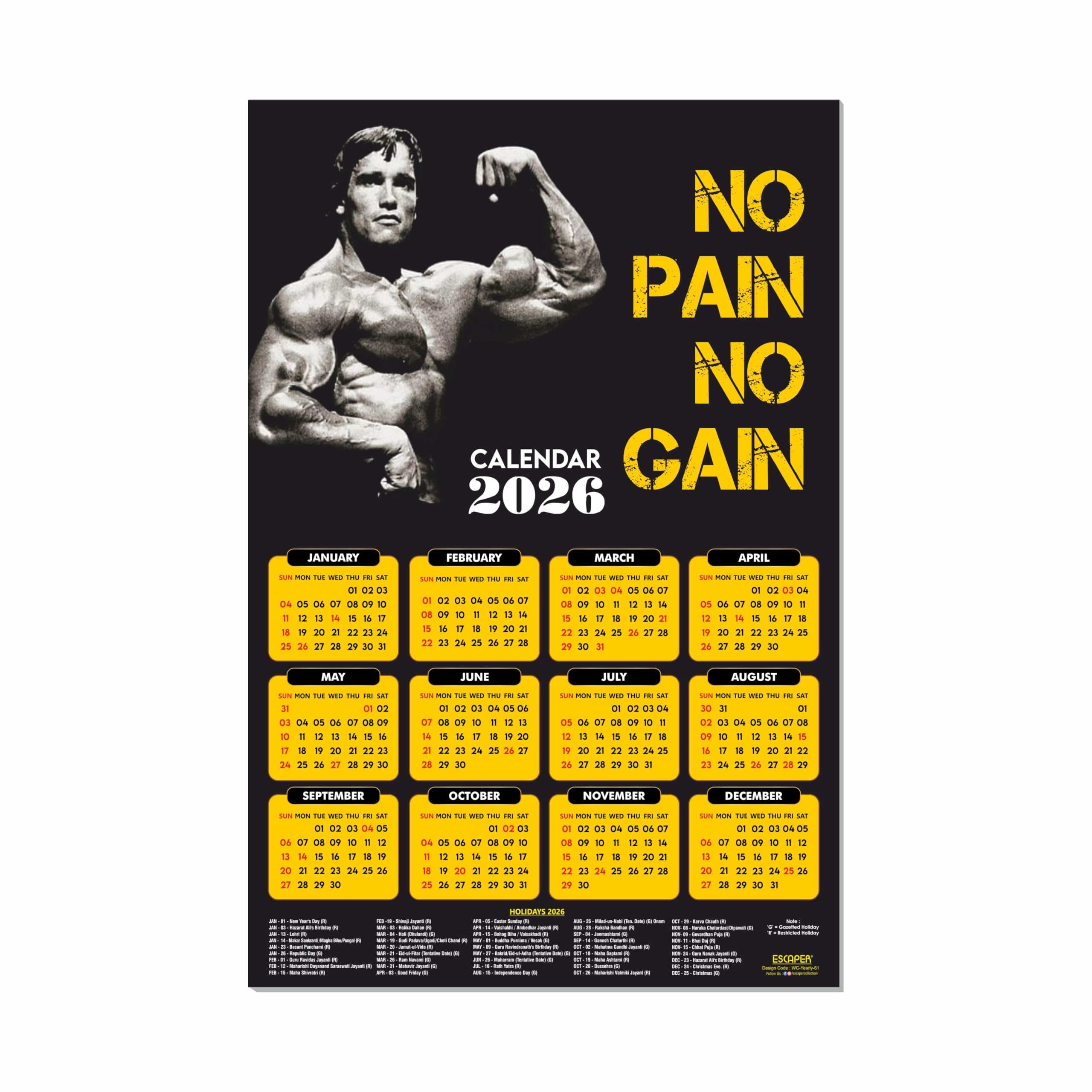 ESCAPER Arnold Schwarzenegger Fitness Calendar 2026 12 X 18 Inch 
