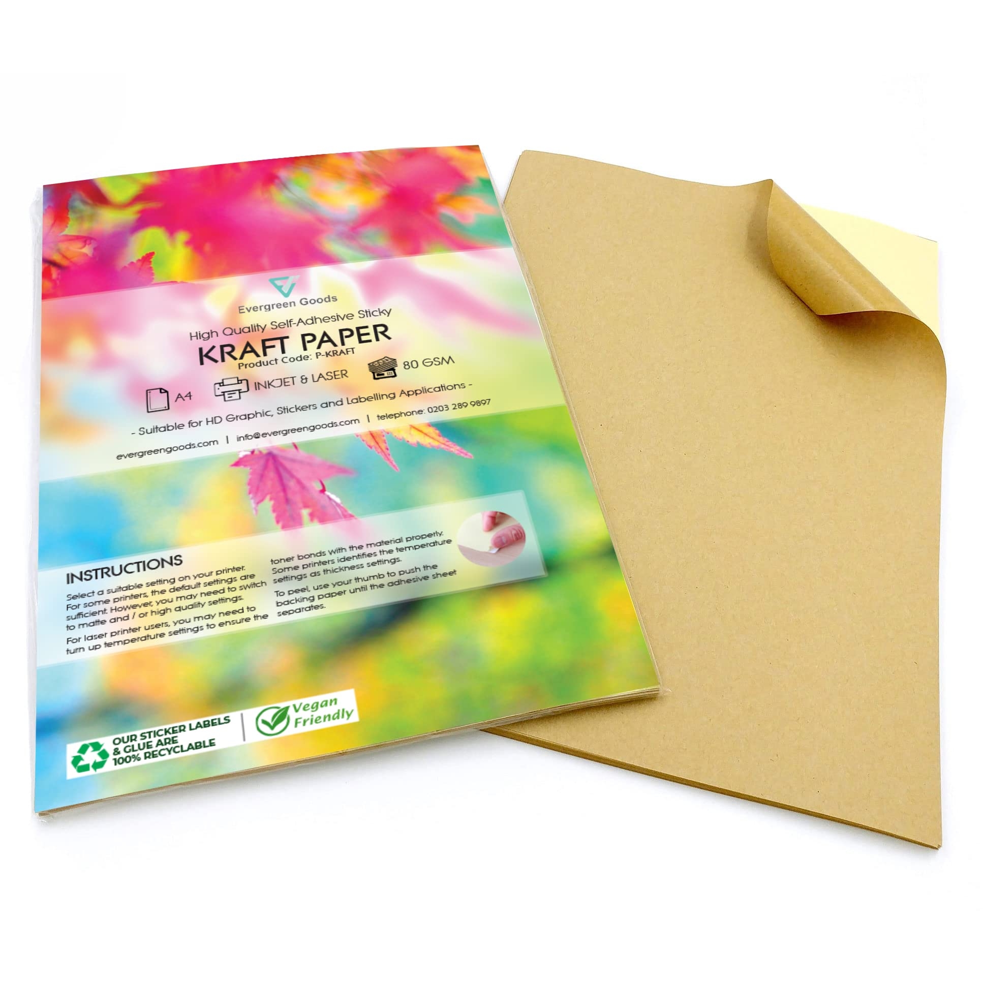 Evergreen Goods Ltd 30 Sheets A4 Self Adhesive Printable Kraft 