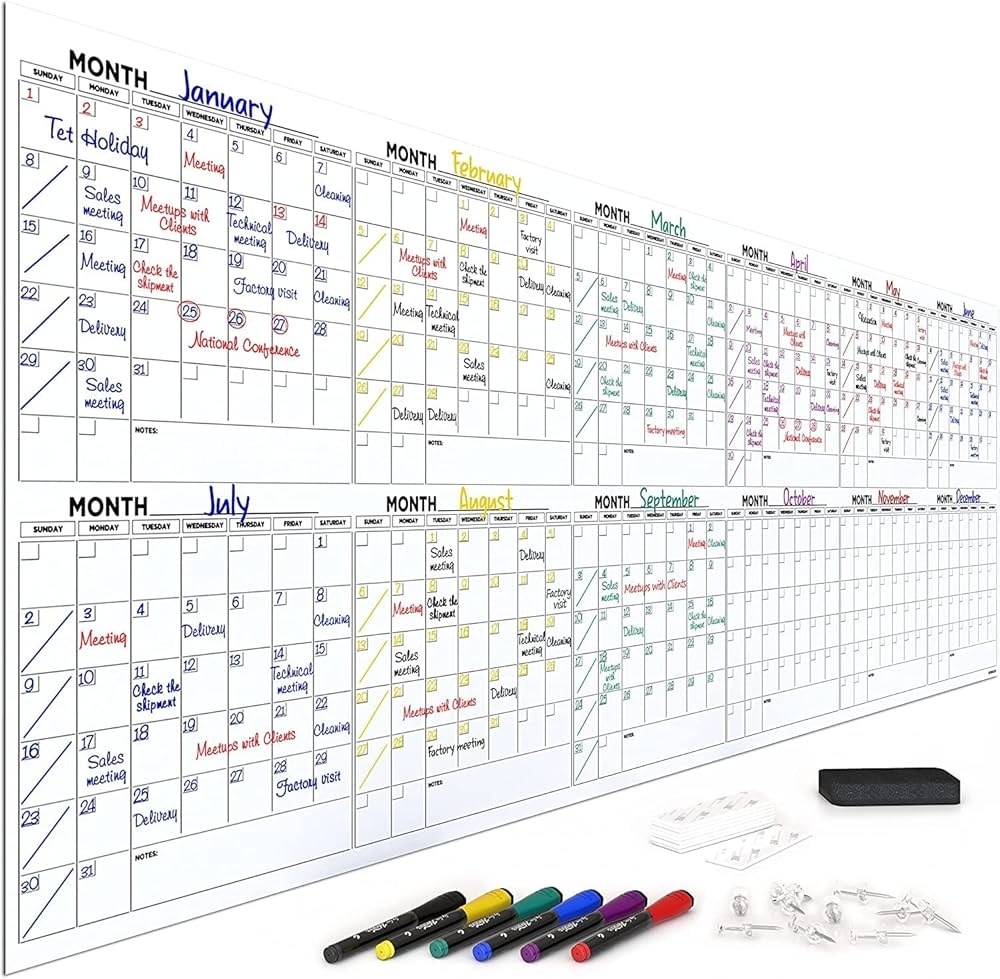 Extra Large 100 X 36 Dry Erase Monthly Planner 12 Month Whiteboard Calendar For 2025 Includes 6 Whiteboard Markers Eraser Push Pins And 