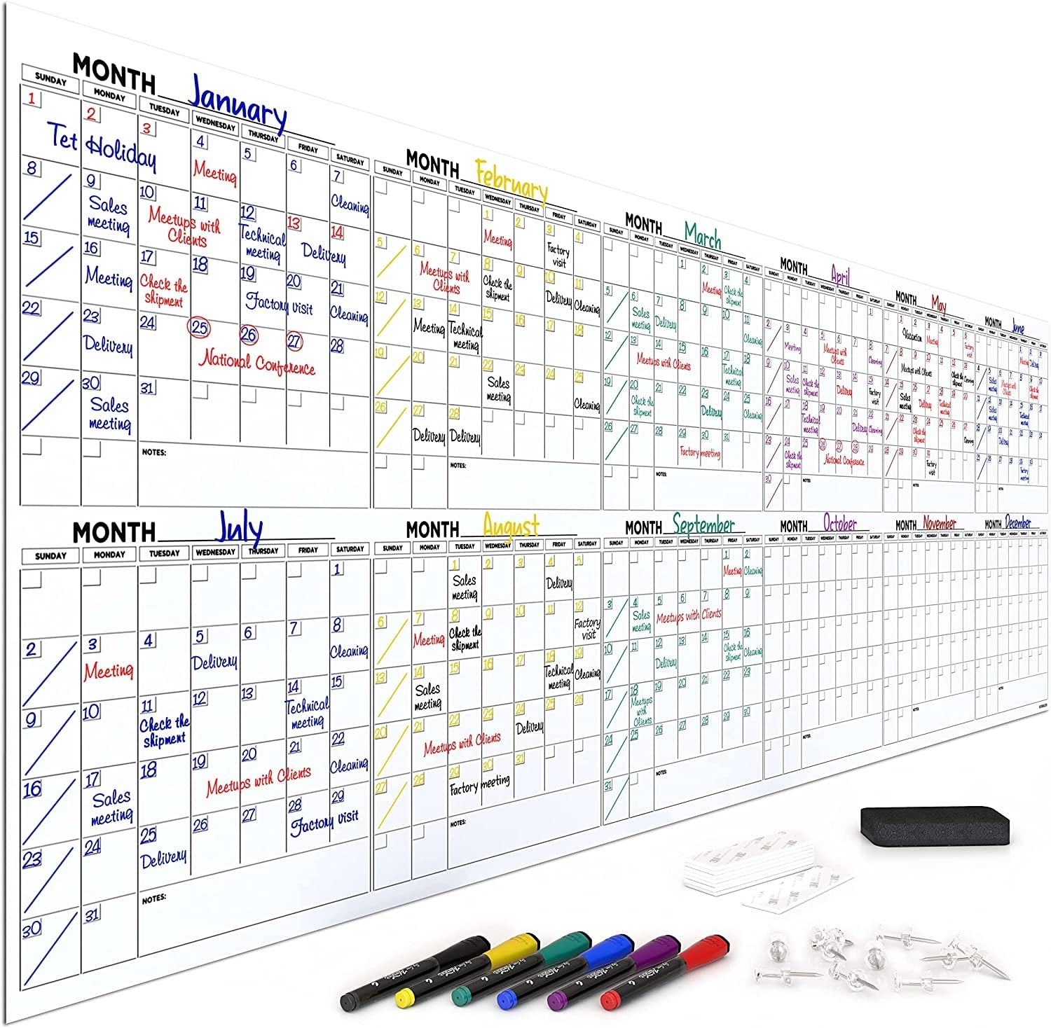 Extra Large 100 X 36 Dry Erase Monthly Planner 12 Month Whiteboard Calendar For 2025 Includes 6 Whiteboard Markers Eraser Push Pins And 