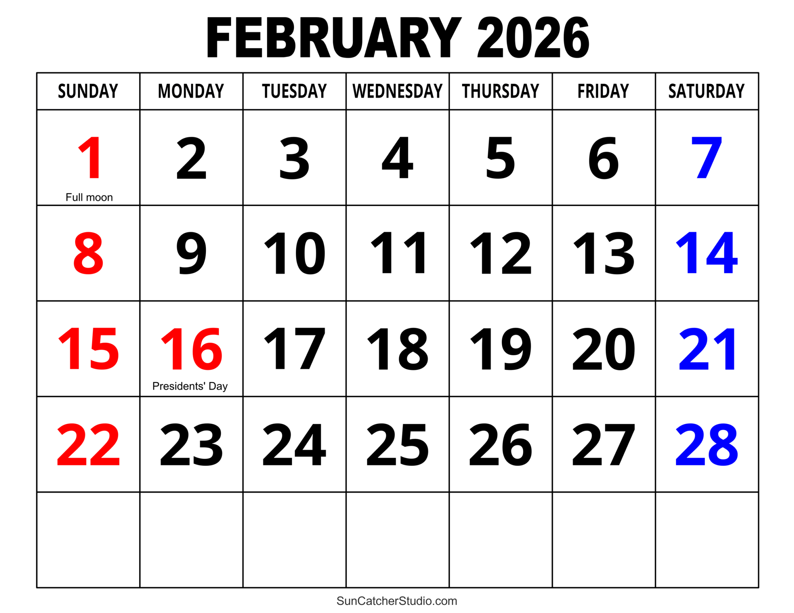 Free Printable Monthly Calendar February 2026