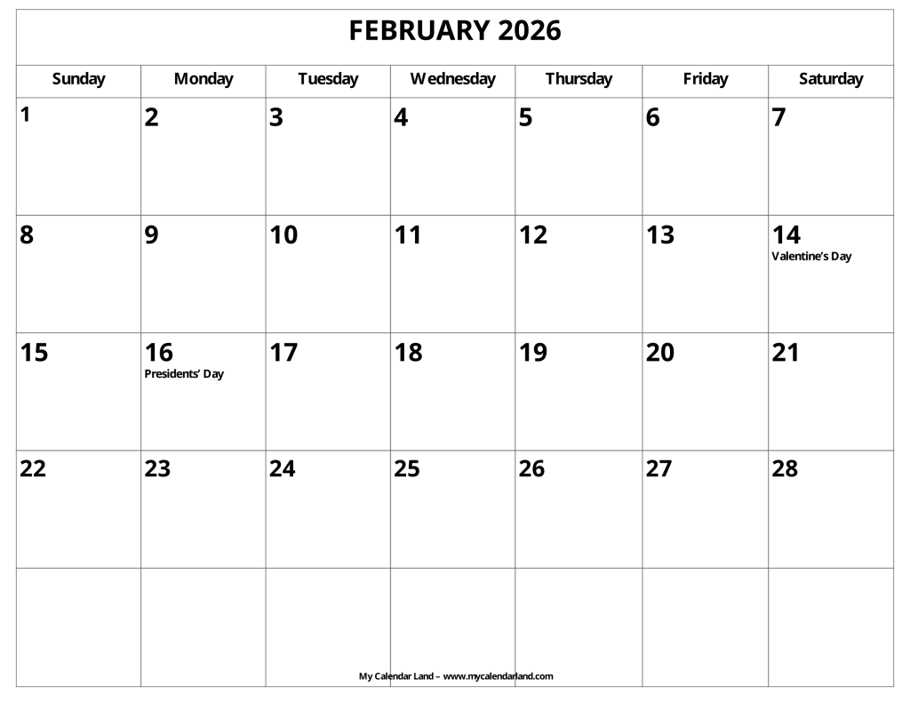 February 2026 Calendar With Holidays Printable