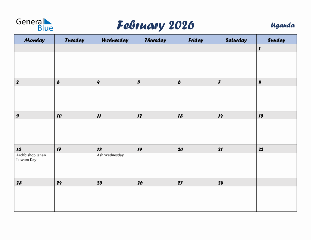 February 2026 Monthly Calendar Template With Holidays For Uganda 