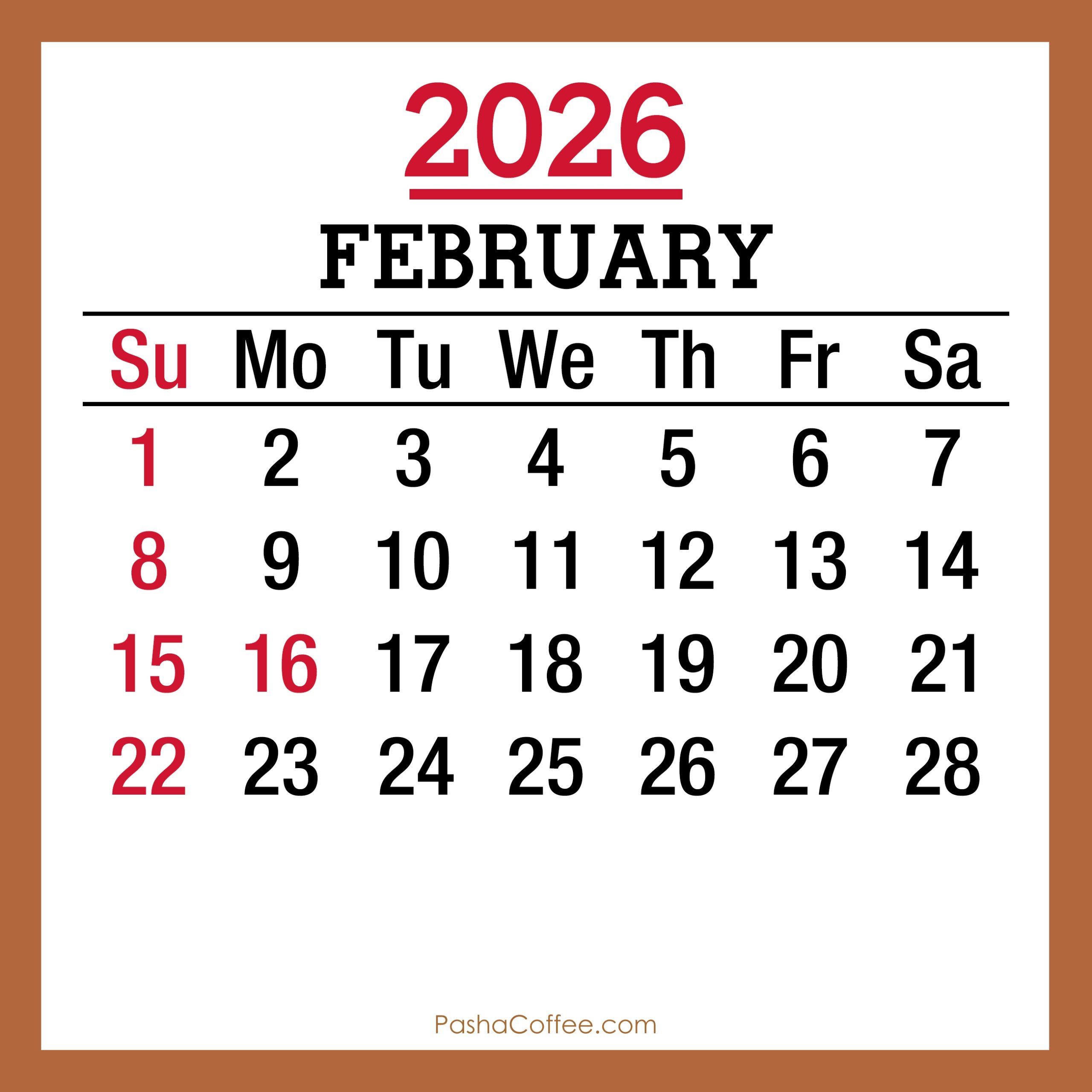 February 2026 Monthly Calendar With Holidays Printable Free 