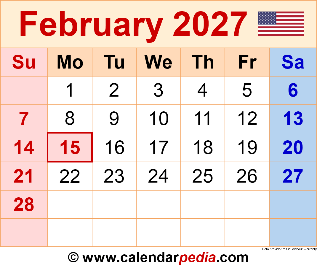Calendar For Feb 2027