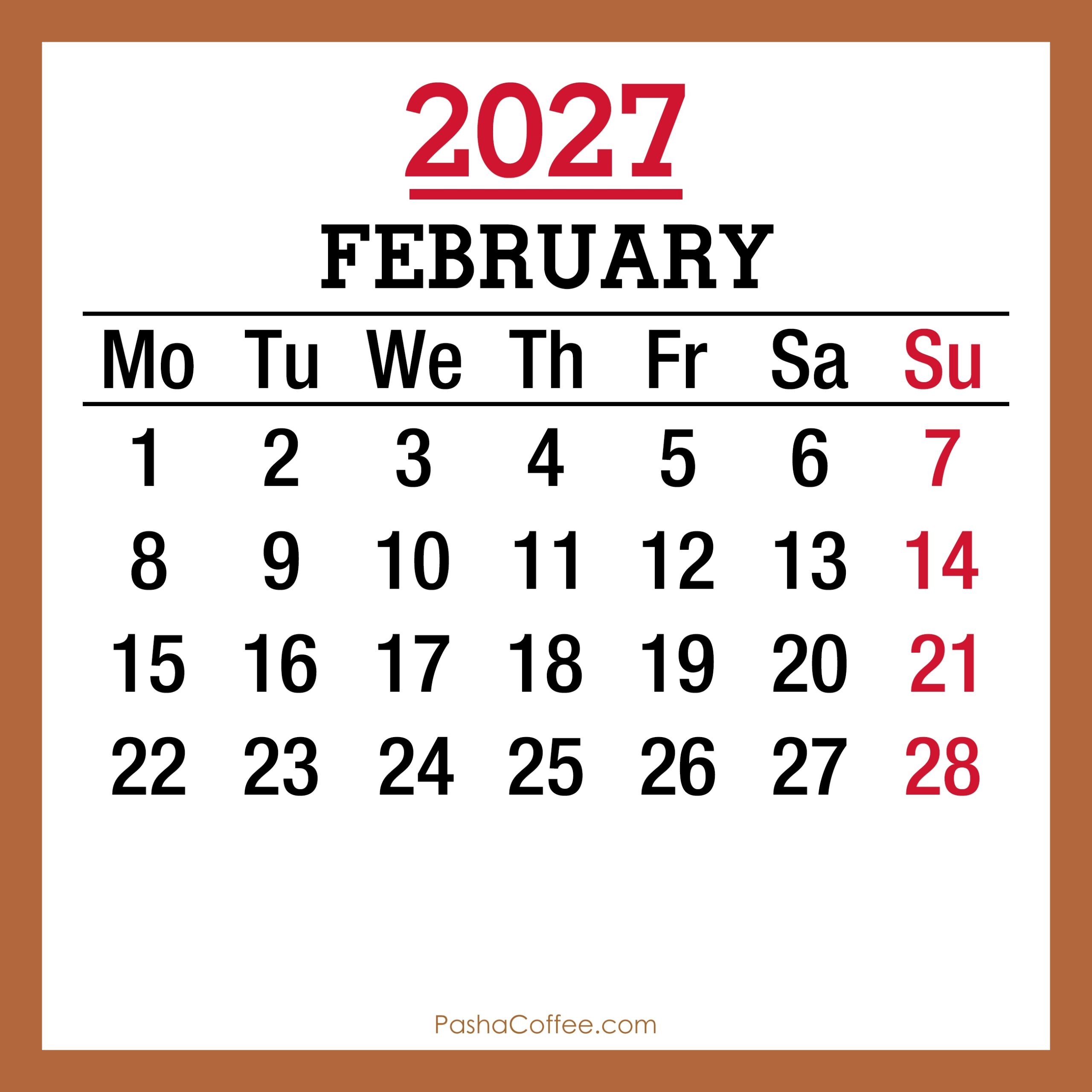 February 2027 Monthly Calendar Printable Free Monday Start 