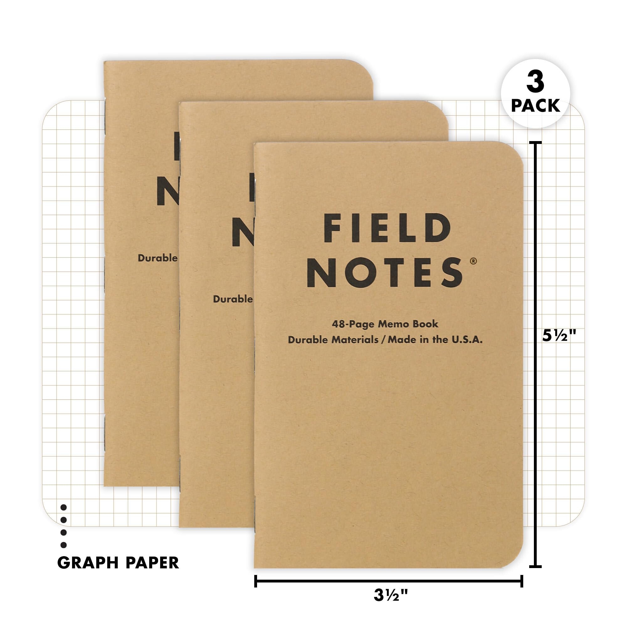 Field Notes Original Kraft 3 Pack Graph Paper Memo Books Grid 