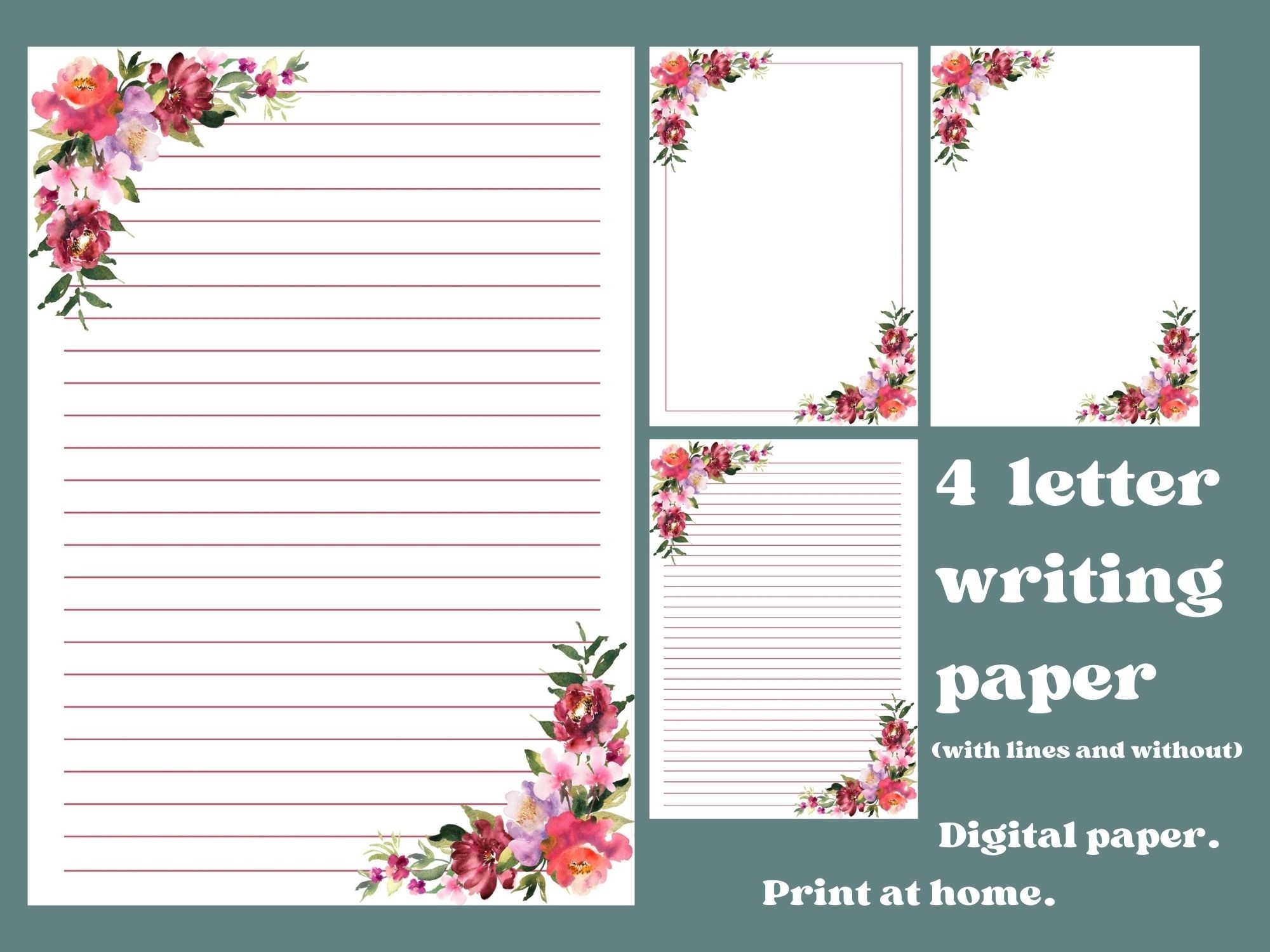 Floral Lined Blank Writing Letter Paper Grafik Von EvaTemplates 