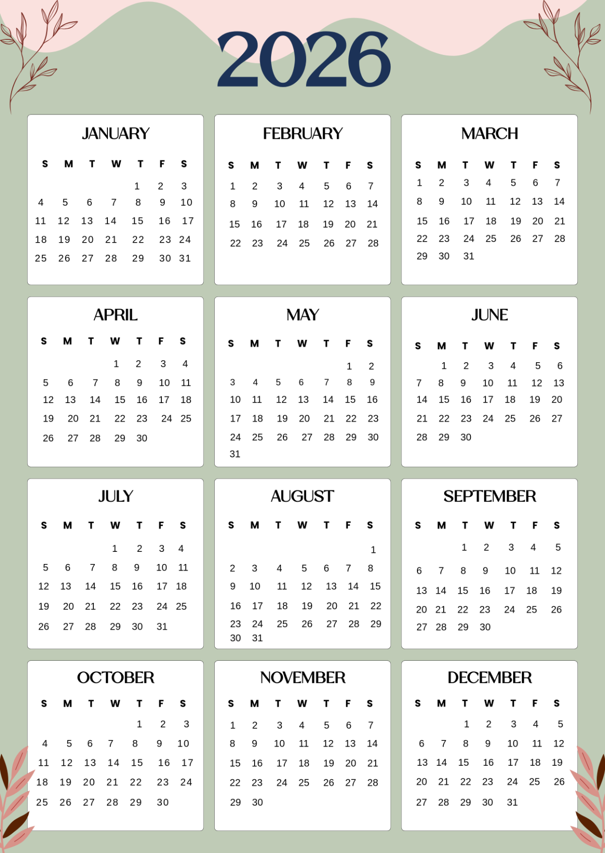 Free 2026 Printable Calendar One Page