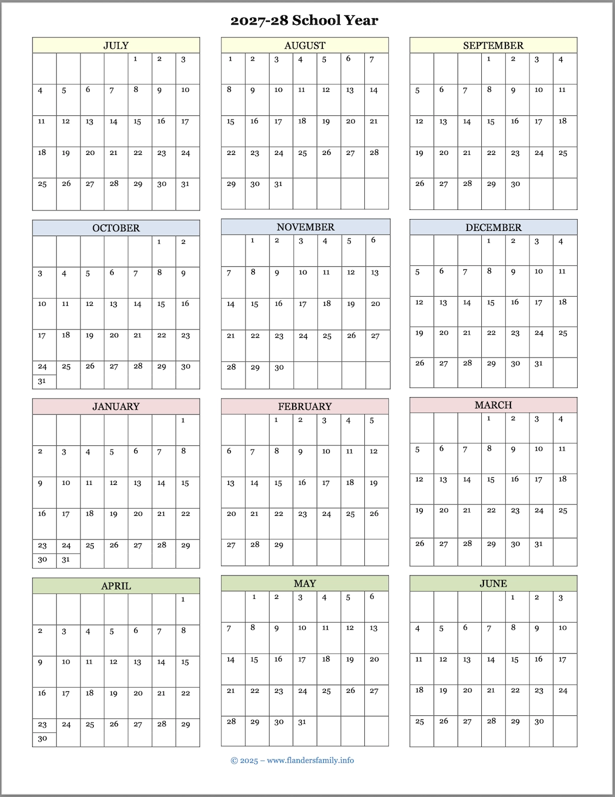 Blank Calendar For 2027 2026 School Year