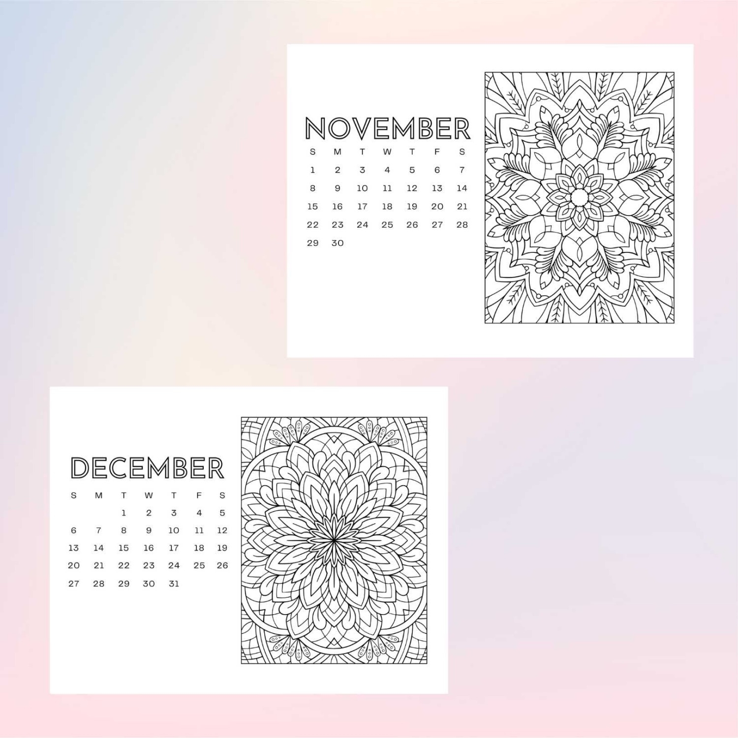 2026 Coloring Calendar Printable December