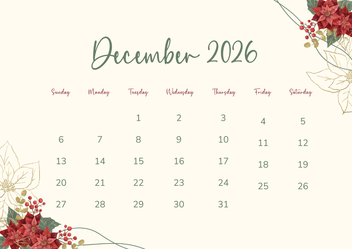 Free Aesthetic December 2026 Festive Calendar Template To Edit Online