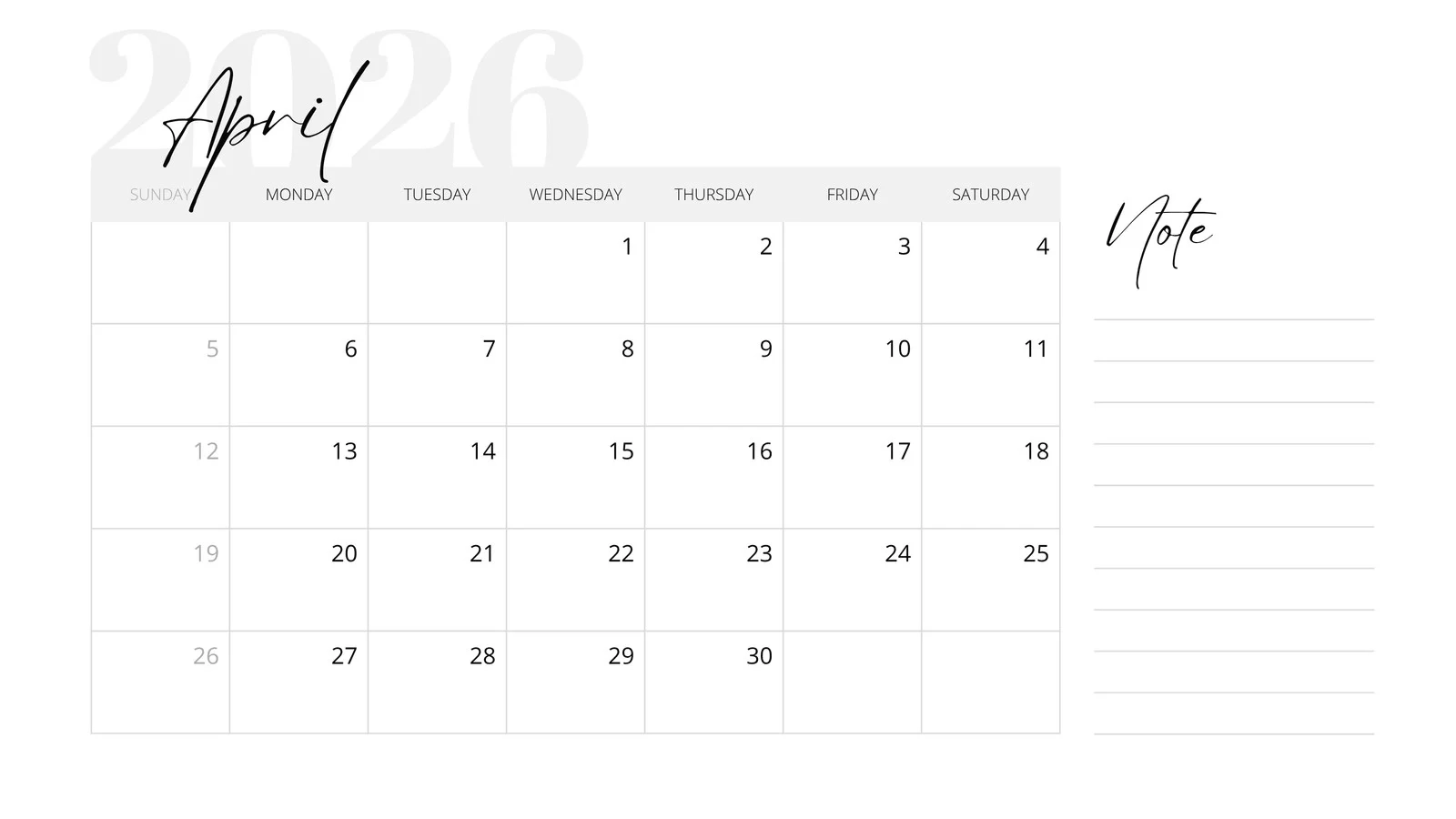 Blank Printable April 2026 Calendar