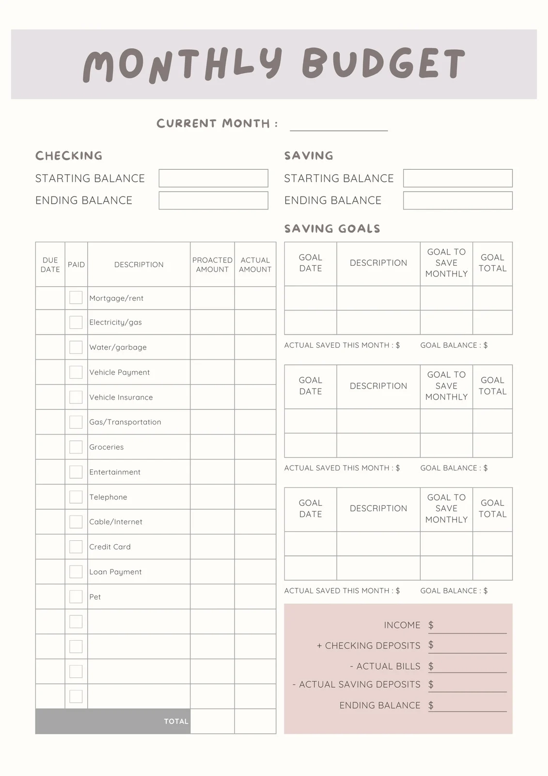Budget Calendar Planner